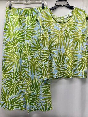 Sigrid Olsen Tropical Leaf Print Linen Top & Wide-Leg Pants Set Green & Blue S